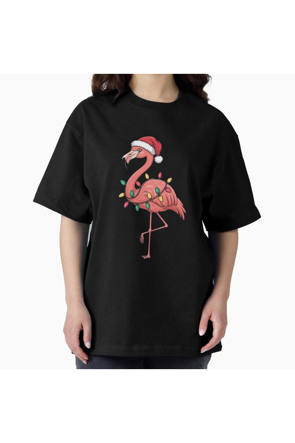 Pink Flamingo Tropical Christmas Oversized Festive Bird Apparel Unisex T-Shirt, up to Size 5XL