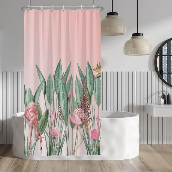 Pink Flamingo Tropical Leaves Shower Curtain Green Plants Modern Watercolor Shower Curtains for Bathroom Home Bathtubs Waterproof Fabric Shower Curtain with Hooks 36x72 Inches