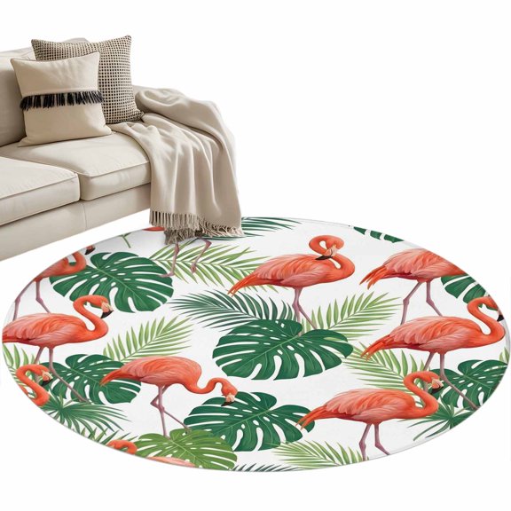 Pink Flamingo Tropical Round Rug 3.3ft Washable Circle Entryway Rugs Non Slip Summer Palm Leaves Botanical Area Rug Indoor Floor Carpet for Bedroom Kitchen Living Room Home Office Dining Room Nursery