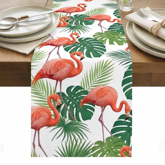Pink Flamingo Tropical Table Runner Summer Palm Leaves Botanical Tablerunners 16 x 72 Inch, Table Decorations Tabletop Scarf for Summer Gathering Holiday Farmhouse Kitchen Dining Decor