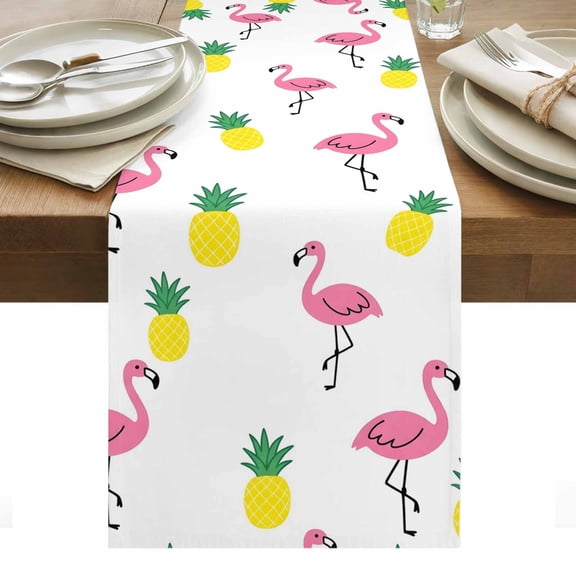 Pink Flamingo Tropical Table Runner Summer Pineapple Funny Cartoon Tablerunners 13 x 120 Inch, Table Decorations Tabletop Scarf for Summer Gathering Holiday Farmhouse Kitchen Dining Decor