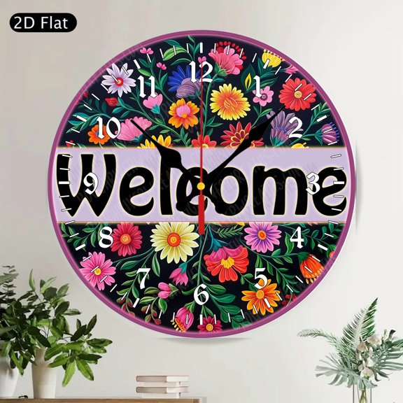 Pink Flamingo Tropical Welcome Round Wall Clock, Silent Floral Summer Home Decor Art