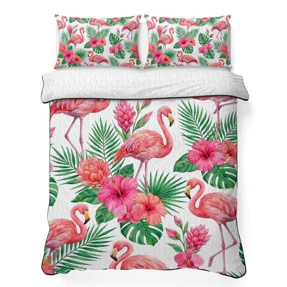 Pink Flamingo Twin Quilt Bedding Set, Boho Tropical Hibiscus Green Leaf Lightweight Comforter with 2 Pillow Shams Bedroom Bedspread Set Home Decor for All Seasons