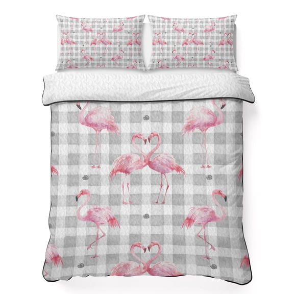 Pink Flamingo Twin Quilt Bedding Set, Summer Animal Heart Shape Palm Leaf Gray Plaid Lightweight Comforter with 2 Pillow Shams Bedroom Bedspread Set Home Decor for All Seasons