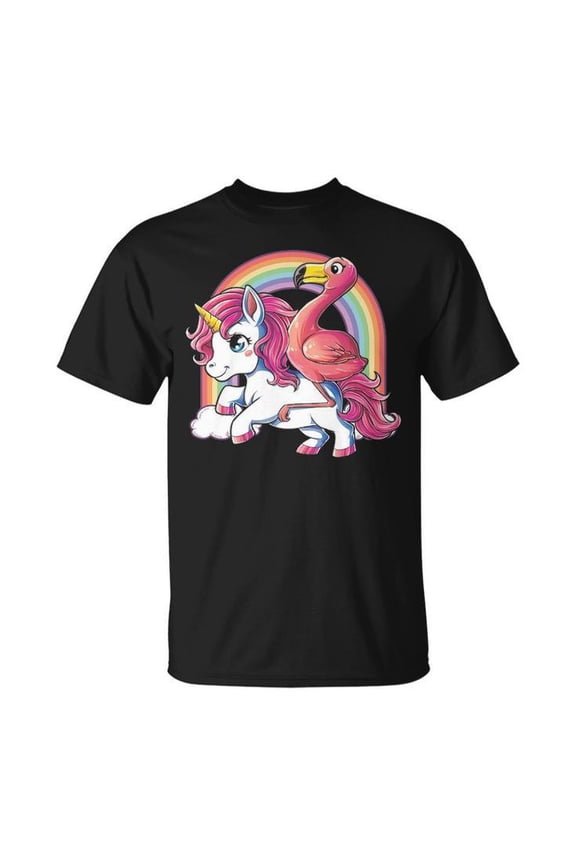 Pink Flamingo Unicorn Bird Lovers Squad Rainbow Graphic Tee Unisex Adult Cotton Animal Lover T-Shirt for Casual Wear, Size 2XL, Color Black