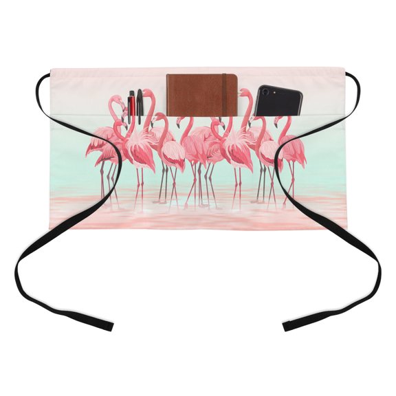 Pink Flamingo Waist Server Aprons, Summer Tropical Flamingo Hawaii Animals Aprons for Women with Pockets, Waitress Apron, Waiter Half Apron for Cooking