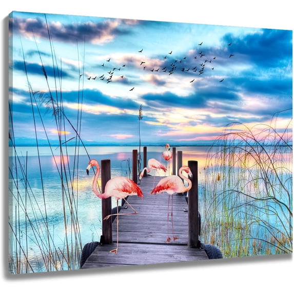 Pink Flamingo Wall Art for Bathroom Blue Sky and Colorful Cloud Abstract Canvas Wall Art Wall Paintings Nature Lake Scenery Wall Pictures for Living Room Bedroom Office Ready To Hang,16x12 Inch
