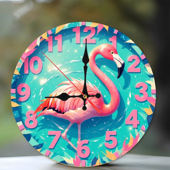 Pink Flamingo Wall Clock Tropical Teal Ocean Decor 10-Inch Silent Wooden Wall Clock, Battery Operated (AA Batteries Not Included), Artistic Home Decor