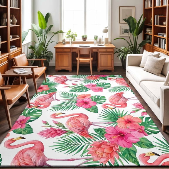 Pink Flamingo Washable Area Rug 9 x 12 ft Boho Tropical Hibiscus Green Leaf, Soft Non Slip Rugs Stain Repellent Indoor Felt Carpet for Living Dining Room Bedroom Home Office