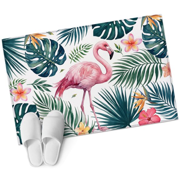 Pink Flamingo Washable Small Entryway Area Rugs 2'x3', Palm Leaf Summer Coastal Tropical Botanical Low Pile Throw Rug Non-Slip Sturdy Edge Binding Carpet for Front Door Floor Room Entry
