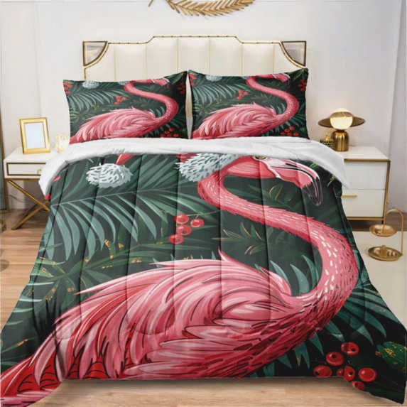 Pink Flamingo Wearing Santa Hat (21) Comforter Set With 2 Pillowcases，3 Pcs Bedding For Adults Comforter Set For Bedroom Bed Decor Full Size