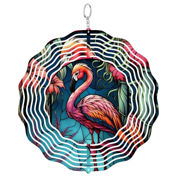 Pink Flamingo Welcome 3D Wind Spinner Faux Stained Glass Summer Tropical Decor