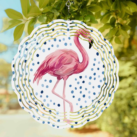 Pink Flamingo Wind Spinner for Garden Yard 8In, Art Blue Polka Dots Animals Elegant Standing Bird 3D Stainless Steel Kinetic Hanging Wind Spinners Rustproof Outdoor Decor for Lawn Patio Home