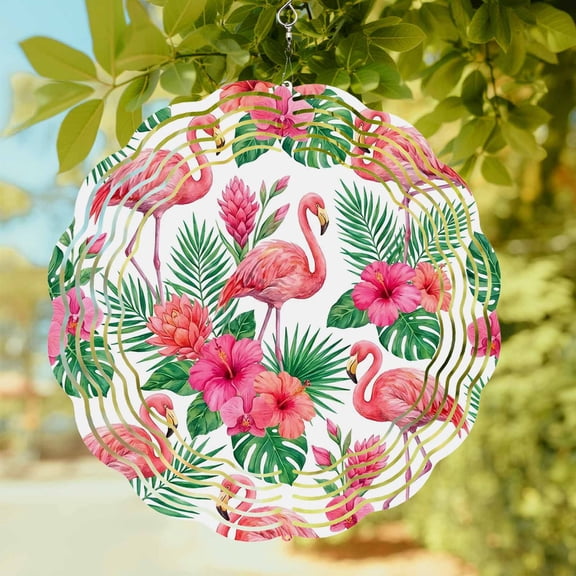 Pink Flamingo Wind Spinner for Garden Yard 8In, Boho Tropical Hibiscus Green Leaf 3D Stainless Steel Kinetic Hanging Wind Spinners Rustproof Outdoor Decor for Lawn Patio Home