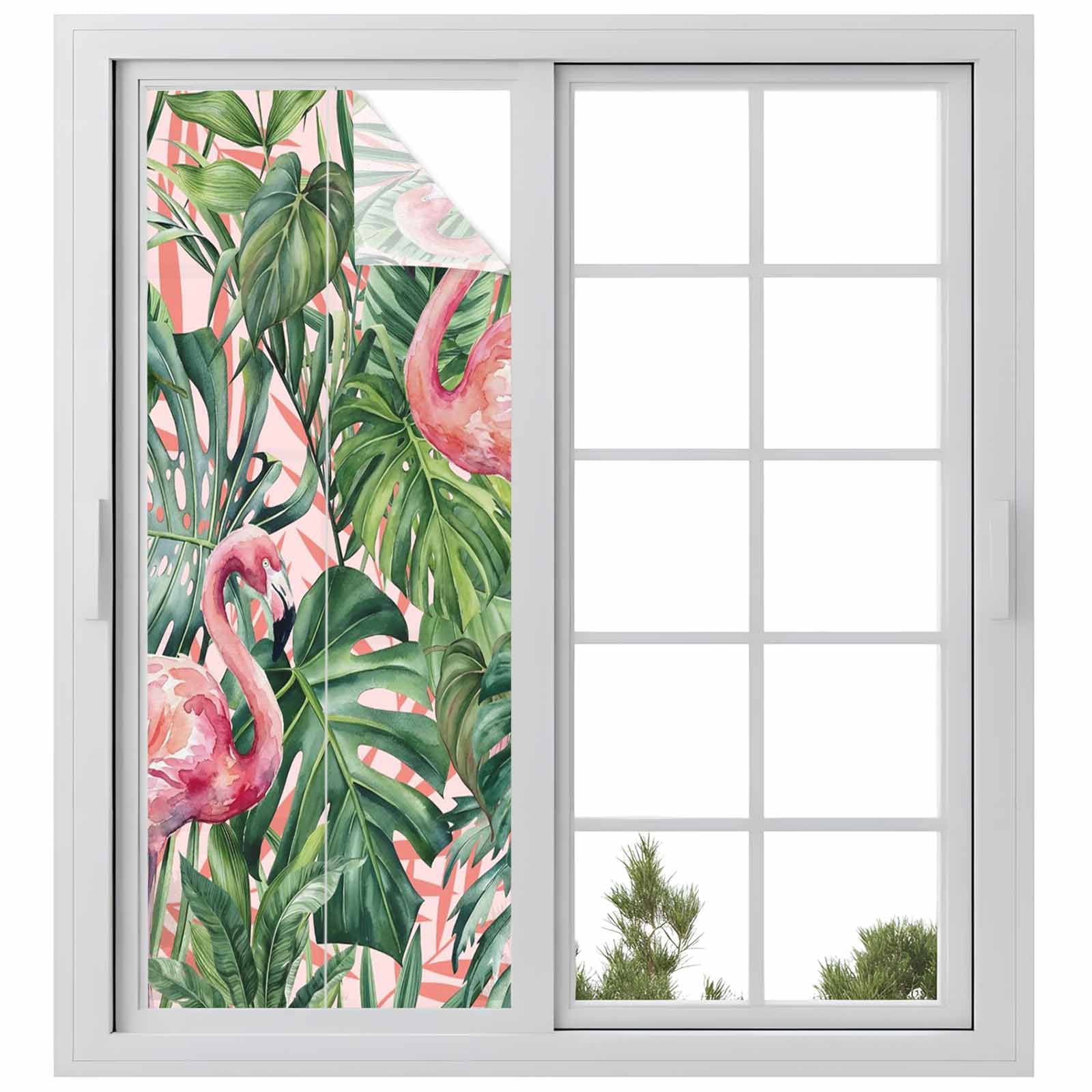 Pink Flamingo Window Privacy Film, Country Tropical Animal Green Monstera Leaf Plant Farm Frosted Glass Window Clings Static Cling UV Heat Blocking Reusable Door Sticker for Bathroom 23.6 x 59 Inch