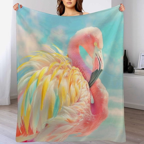 A Pink Flamingo with Yellow And White Feathers Flannel Blanket for Home 60"x80" Flamingo Hawaii Summer Soft Cozy Flannel Fleece Throw Blanket for Winter Bedding Couch And Gift Throw Blanket