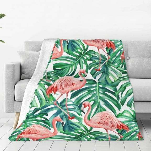 Pink Flamingo and Palm Leaves Throw Blanket for Bed Sofa Couch Fleece Blankets Lightweight Soft Cozy 50"x40"