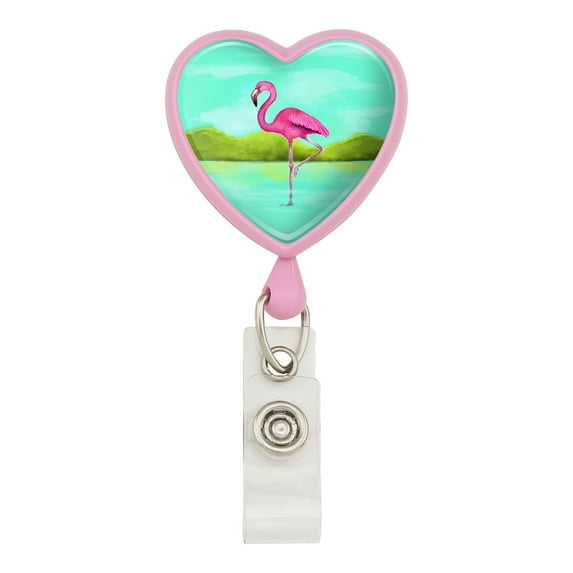 Pink Flamingo in Water Heart Lanyard Retractable Reel Badge ID Card Holder