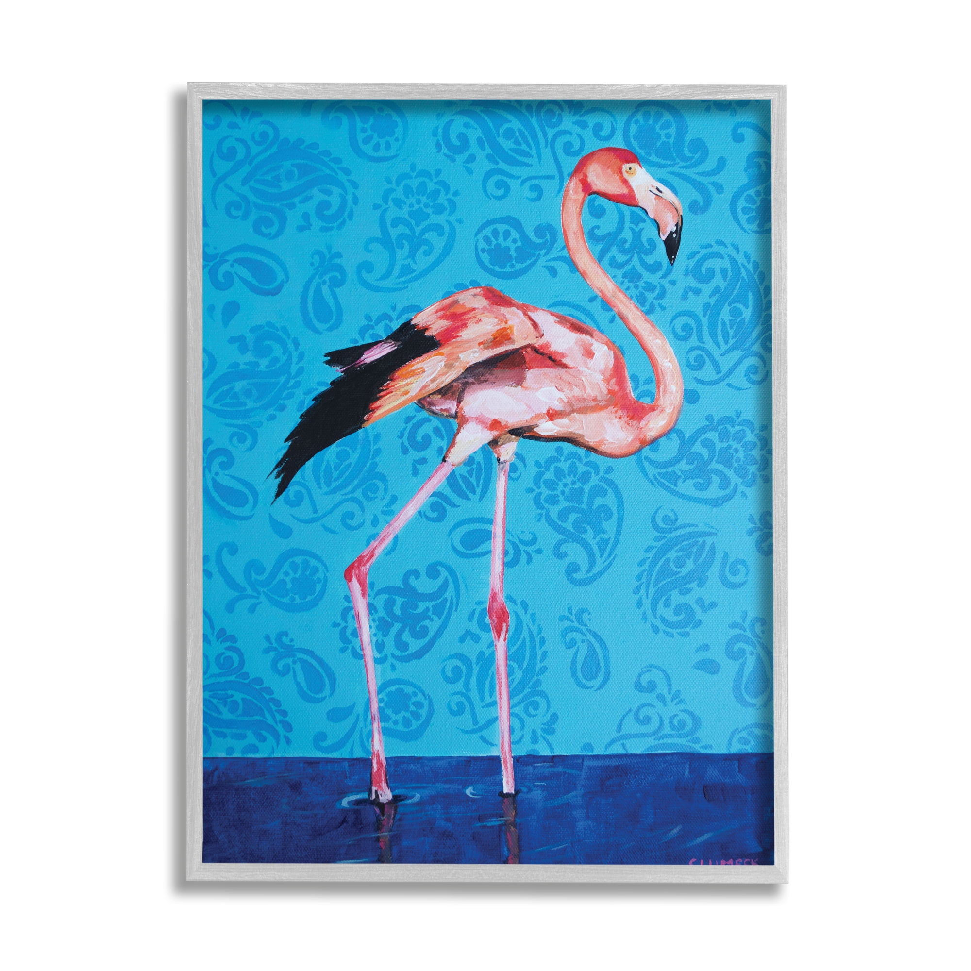Pink Flamingo in Water Over Blue Paisley Pattern 16 in x 20 in Framed Painting Art Print, by Stupell Home Décor