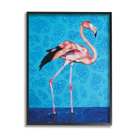 Stupell Industries Pink Flamingo in Water over Blue Paisley Pattern,24 x 30,Designed by Alana Clumeck