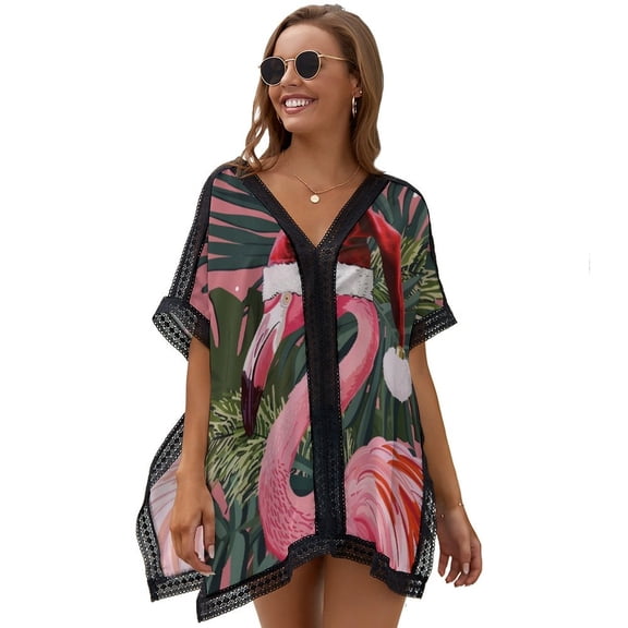 Pink Flamingo with Santa Hat And Palm Leaves Printed Women's Swimsuit Cover Up Summer Swimsuit Dress