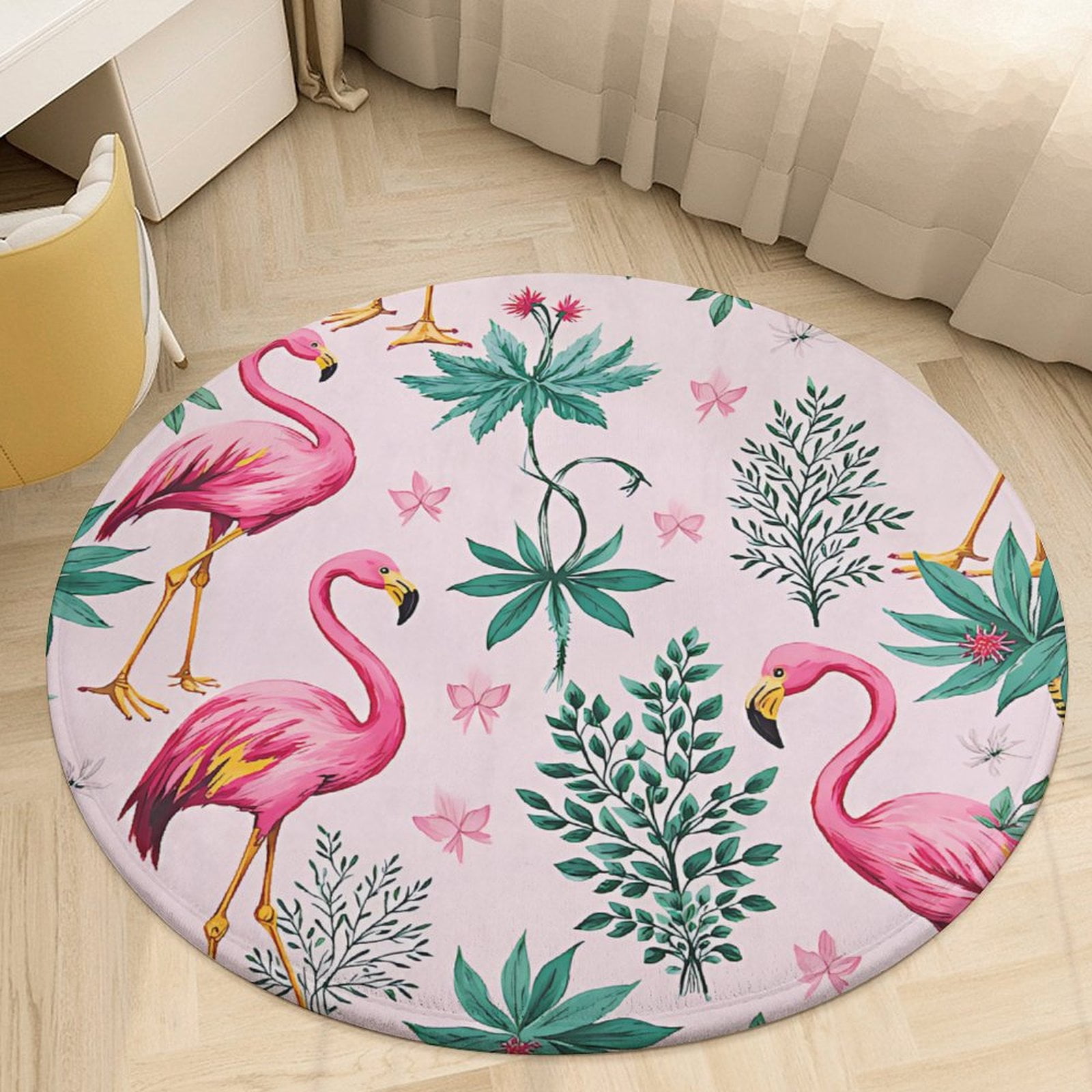 Pink Flamingos And Tropical Leaves Round Area Rugs for Bedroom Living ...