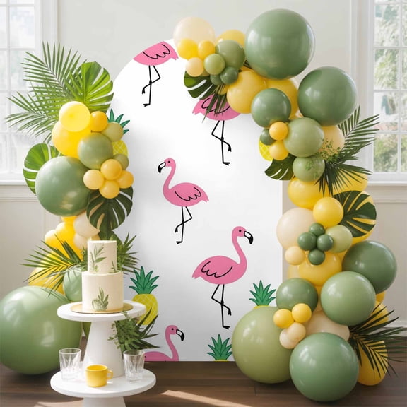 Pink Flamingos Arch Backdrop Cover, 4FT, Preppy Tropical Animals Summer Fruit Pineapples Spandex Arch Covers Double-Sided Backdrop for Wedding Birthday Party Photo Background Decoration