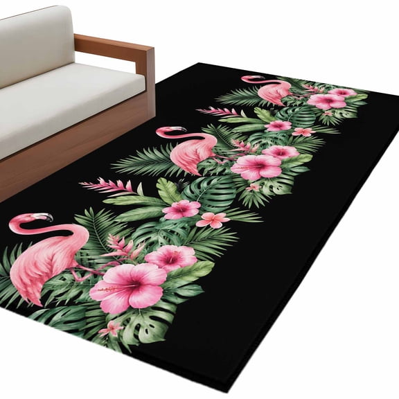 Pink Flamingos Area Rug 3x5 Washable Rug Non Slip Summer Botanical Black Tropical Watercolor Large Area Rug Indoor Floor Carpet for Entryway Bedroom Kitchen Living Room Office Dining Room Nursery