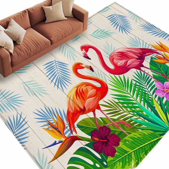 Pink Flamingos Area Rug 5x7 Washable Rug Non Slip Wooden Vintage Summer Botanical Tropical Large Area Rug Soft Stainresistant Indoor Floor Carpet for Living Room Bedroom Office Dining Room Nursery