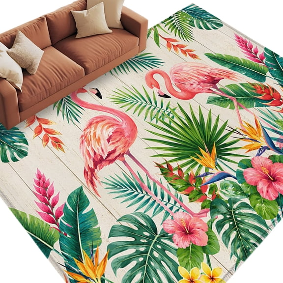 Pink Flamingos Area Rug 5x8 Washable Rug Non Slip Wooden Summer Botanical Wooden Leaves Large Area Rug Soft Stainresistant Indoor Floor Carpet for Living Room Bedroom Home Office Dining Room Nursery