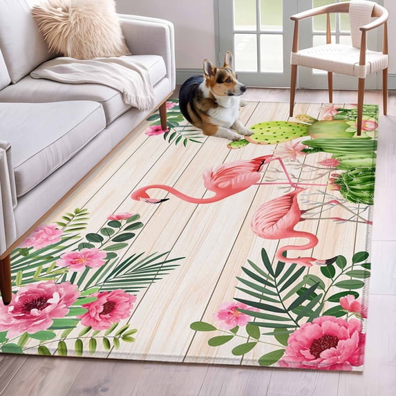 Pink Flamingos Area Rugs 3'x5', Washable Small Throw Rugs for Living Room Bedroom, Summer Tropical Flowers Cactus Wooden Indoor Outdoor Rug Non-Slip Low Pile Carpet Runner Reversible Floor Mats