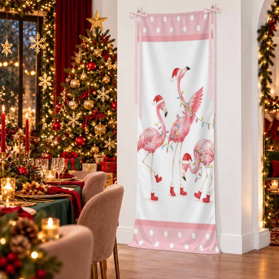 Pink Flamingos Banner Fabric Backdrop, 27X78 Inch Tropical Santa Hats Red Boots Birds Polka Dot Border Welcome Sign Banner with Hanging String, Reusable Backdrop for Wedding Birthday Party Yard Decor