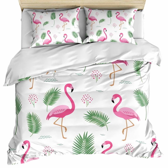 Pink Flamingos Bedding 3 Piece Duvet Cover Set Full Size, Summer Green Tropical Palm Leaves Soft Microfiber Comforter Cover with Zipper Closure & Pillowcases, Wrinkle & FadeResistant Quilt Cover