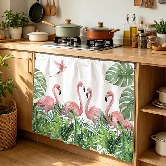 Pink Flamingos Cabinet Curtains for Kitchen 35"W x 35"L, Green Jungle Tropical Palm Leaves Botanical Laundry Sink Cabinets Magic Tape Short Curtain Privacy Panel for Bathroom Vanity Cabinets