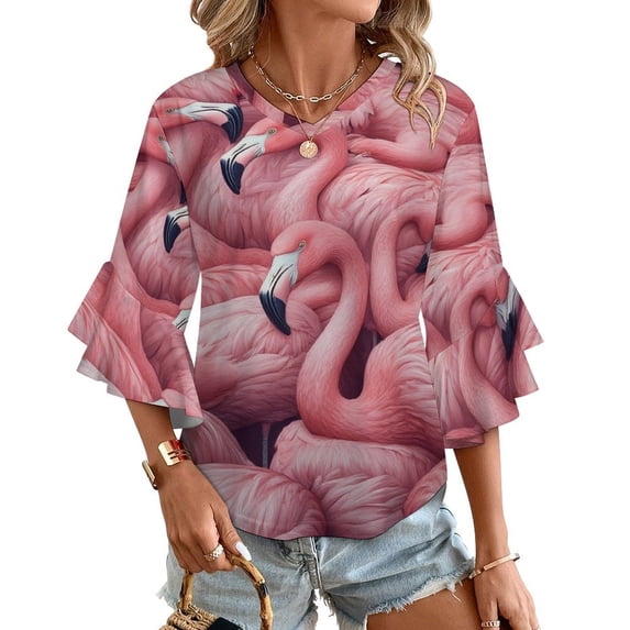 Pink Flamingos Crowded Together Closely Women's V-Neck Blouse With 3/4 Ruffled Bell Sleeves Casual Top Ladies Blouses