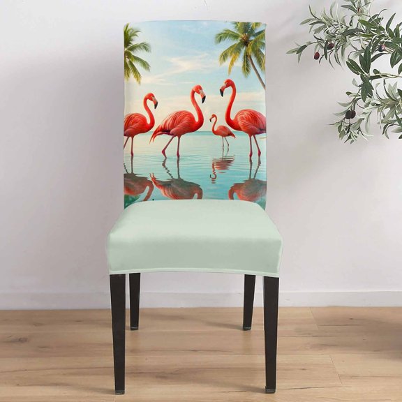 Pink Flamingos Dining Chair Covers Set of 8, Palm Trees Tropical Plant Beach Shore Blue Sky Chair Covers for Dining Room Removable Seat Protectors Slipcovers for Home Party Wedding Banquet