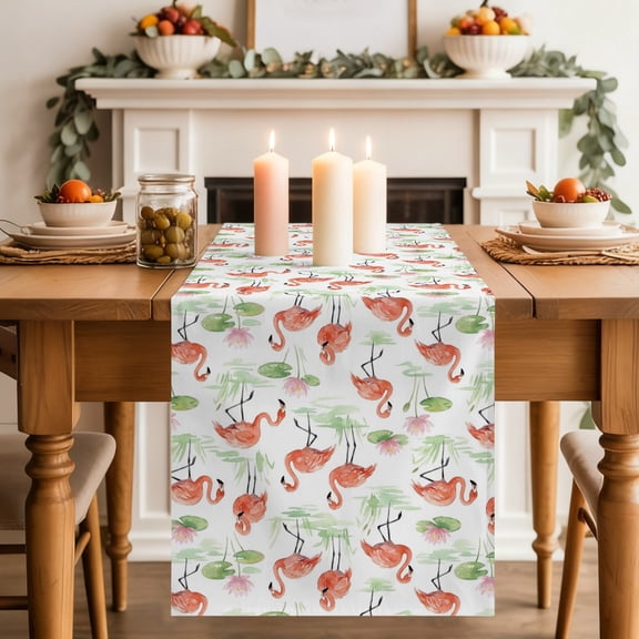 Pink Flamingos Dining Table Runner, Boho Summer Pink Tropical Vibe Lotus Flower Lotus Leaf Washable Table Runners Kitchen Coffee Table Center Decor for Home Party Holiday Wedding 13 x 48 Inches