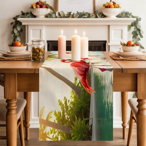 Pink Flamingos Dining Table Runner, Palm Trees Tropical Plant Beach Shore Blue Sky Washable Table Runners Kitchen Coffee Table Center Decor for Home Party Holiday Wedding 13 x 120 Inches
