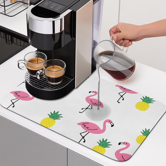 Pink Flamingos Dish Drying Mats for Kitchen Counter, Preppy Tropical Animals Summer Fruit Pineapples Absorbent Coffee Bar Mat with Non-slip Rubber Backed Quick Drying Dish Rack Pad 16"x18"