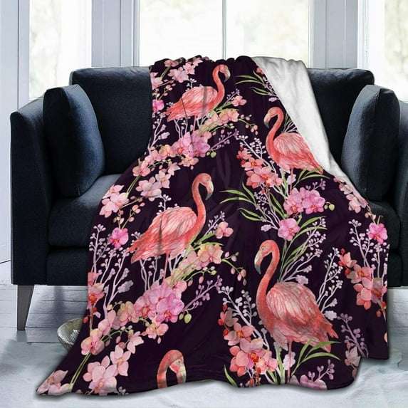 Pink Flamingos Exotic Orchids Flowers Throw Blanket Ultra Soft Warm All Season Decorative Fleece Blankets for Bed Chair Car Sofa Couch Bedroom 50"X40"