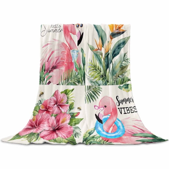 Pink Flamingos Flannel Blanket for Bed, Summer Palm Leaf Tropical Botanical Soft Cozy Warm Couch Throw Blanket, Lightweight Fluffy Plush Bedding Blankets for Sofa Decor All Season 50"x60"