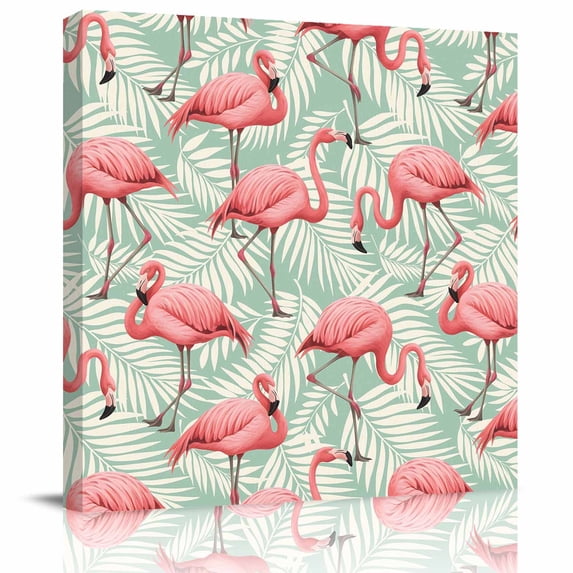 Pink Flamingos Framed Canvas Wall Art, Beige Tropical Plant Leaves Summer Vibes Green Wall Art Painting for Living Room Bedroom Home Decor, 24”x24”, Office Artwork Print
