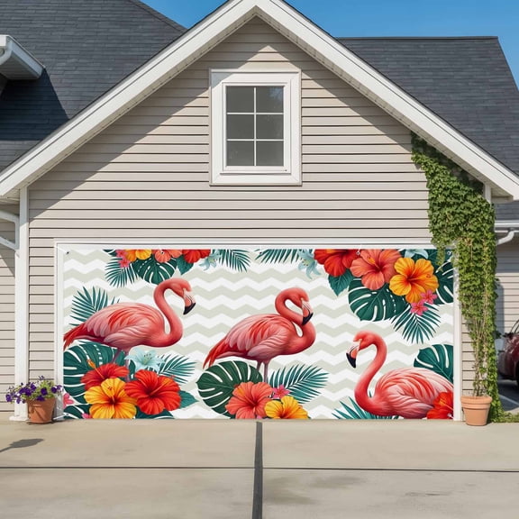 Pink Flamingos Garage Door Banner Covers, Summer Red Hibiscus Flower Tropical Plant Wave Stripes Large Hanging Indoor/Outdoor Backdrop Background for Christmas Winter Party Decor, 6.9x16ft