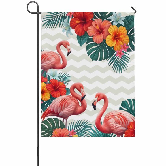 Pink Flamingos Garden Flags For Outdoor, Summer Red Hibiscus Flower Tropical Plant Wave Stripes Small Double Side Yard Flags Weather Proof Garden Decor for Lawn Outside Holiday 12 x 18 Inches