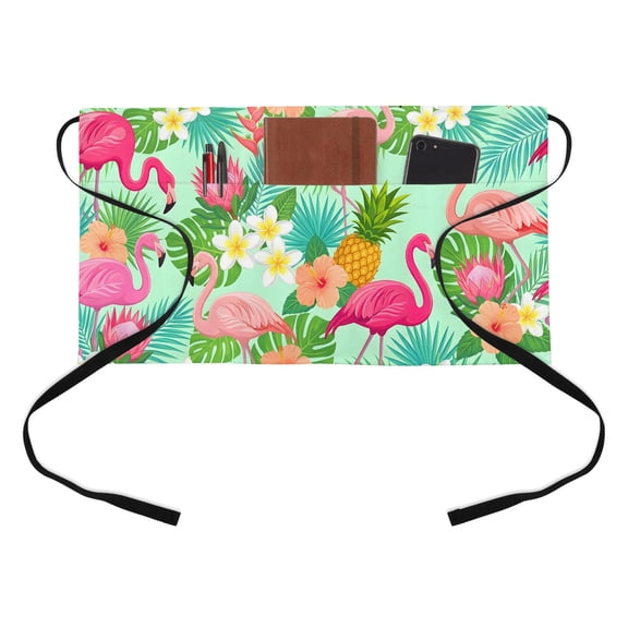 Pink Flamingos Half Waist Apron Tropical Palm Leaf Hibiscus Flower Green Plant Short Waiter Aprons with 3 Pockets for Women Men Kitchen Restaurant Cooking