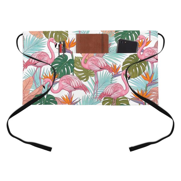 Pink Flamingos Half Waist Apron Watercolor Monstera Leaf Green Tropical Plant Short Waiter Aprons with 3 Pockets for Women Men Kitchen Restaurant Cooking