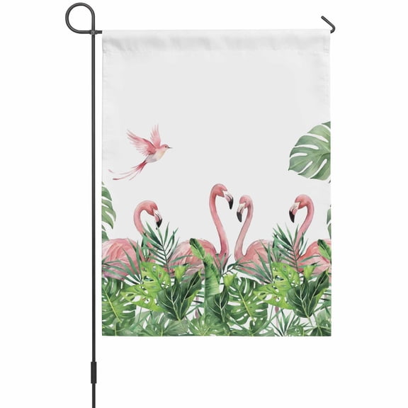 Pink Flamingos House Flag 28 x 40 Inches, Green Jungle Tropical Palm Leaves Botanical Weather Proof Outdoor Patio Flags Double Sided Small House Decoration for Yard Lawn Outside Home