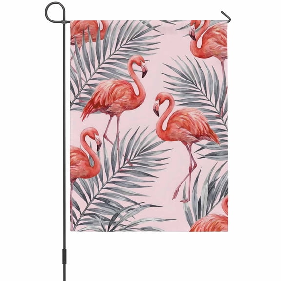 Pink Flamingos House Flag 28 x 40 Inches, Summer Tropical Animals Palm Leaf Pink Weather Proof Outdoor Patio Flags Double Sided Small House Decoration for Yard Lawn Outside Home