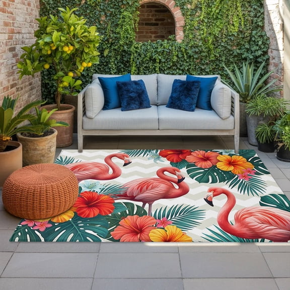Pink Flamingos Indoor Outdoor Rugs 4x6 Ft, Summer Red Hibiscus Flower Tropical Plant Wave Stripes Outdoor Patio Rugs Mat Washable Outside Area Rugs Carpet for Porch Deck RV Camping Balcony Backyard