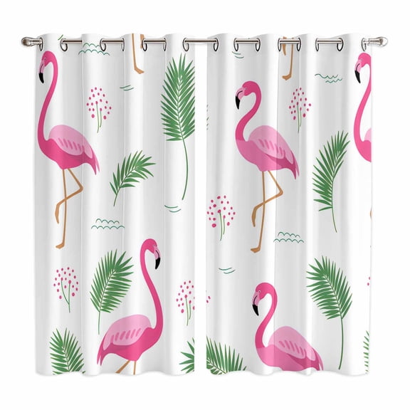 Pink Flamingos Kitchen Curtains 84 Inch Length, Summer Green Tropical Palm Leaves Grommet Top Bedroom Living Room Curtains, Light Filtering Cafe Curtain Drapes 2 Panels Set 104''x84''